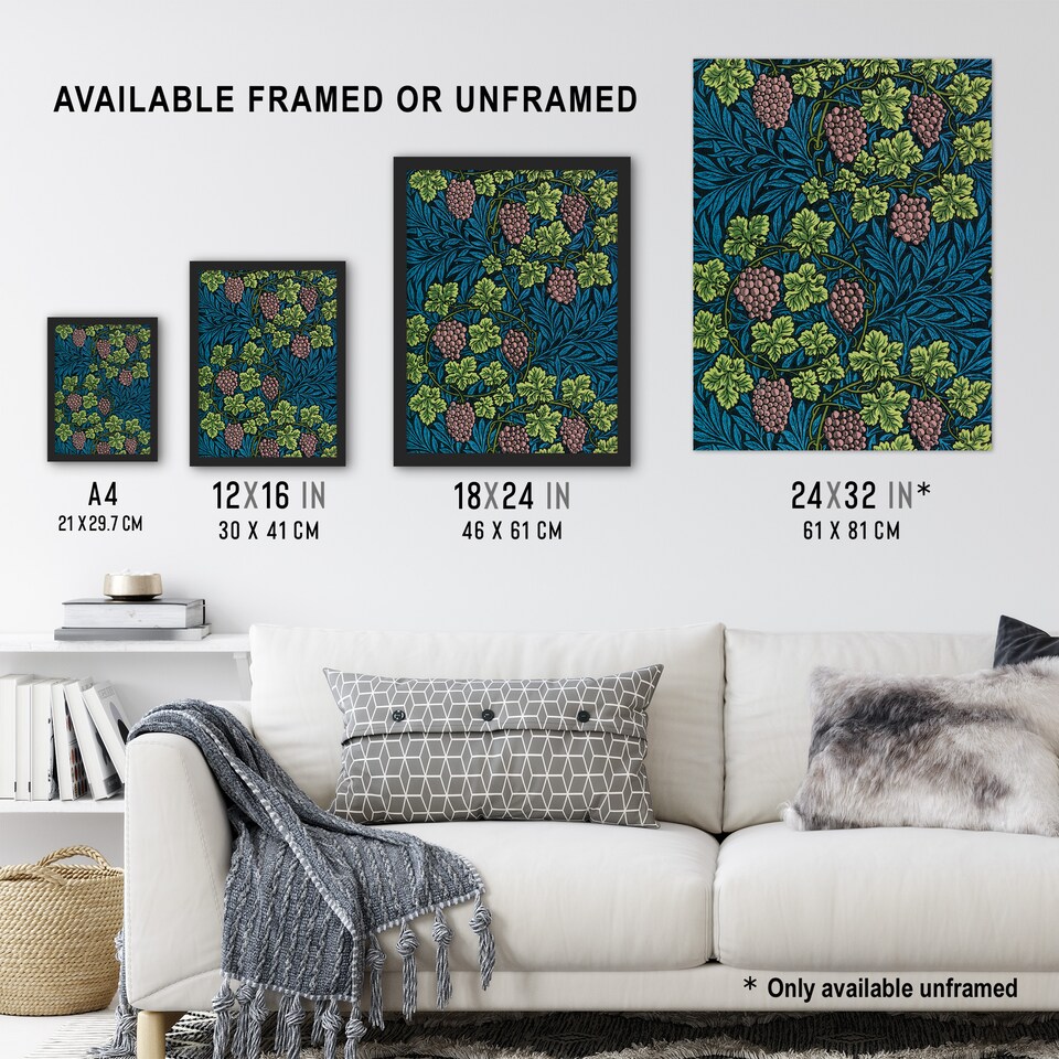 image 1 of Grape Vine and Leaves Pattern Vintage Wall Art Print W. Morris 12x16"