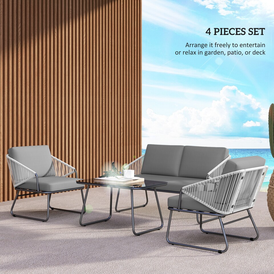 image 1 of Outsunny 4 Piece Rattan Garden Furniture Set, Wicker Patio Outdoor Furniture Set with Loveseat, Armchairs, Glass Top Coffee Table and Cushions for Patio, Conservatory, Balcony, Grey | Grey