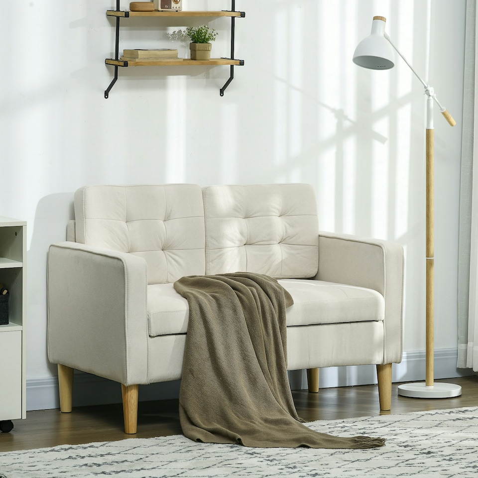 image 1 of HOMCOM Compact Loveseat Sofa 2 Seater Sofa with Storage and Wood Legs Cream