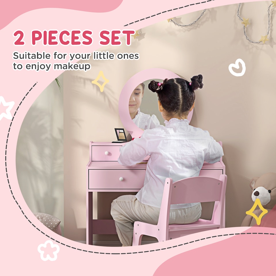 image 1 of AIYAPLAY Kids Dressing Table Set w Stool, Mirror, Drawers - Pink | Pink