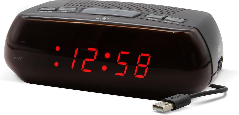 image 1 of Acctim Miramar Digital Alarm Clock USB Mains Powered with Battery Backup Red LED Bedside Alarm Clock