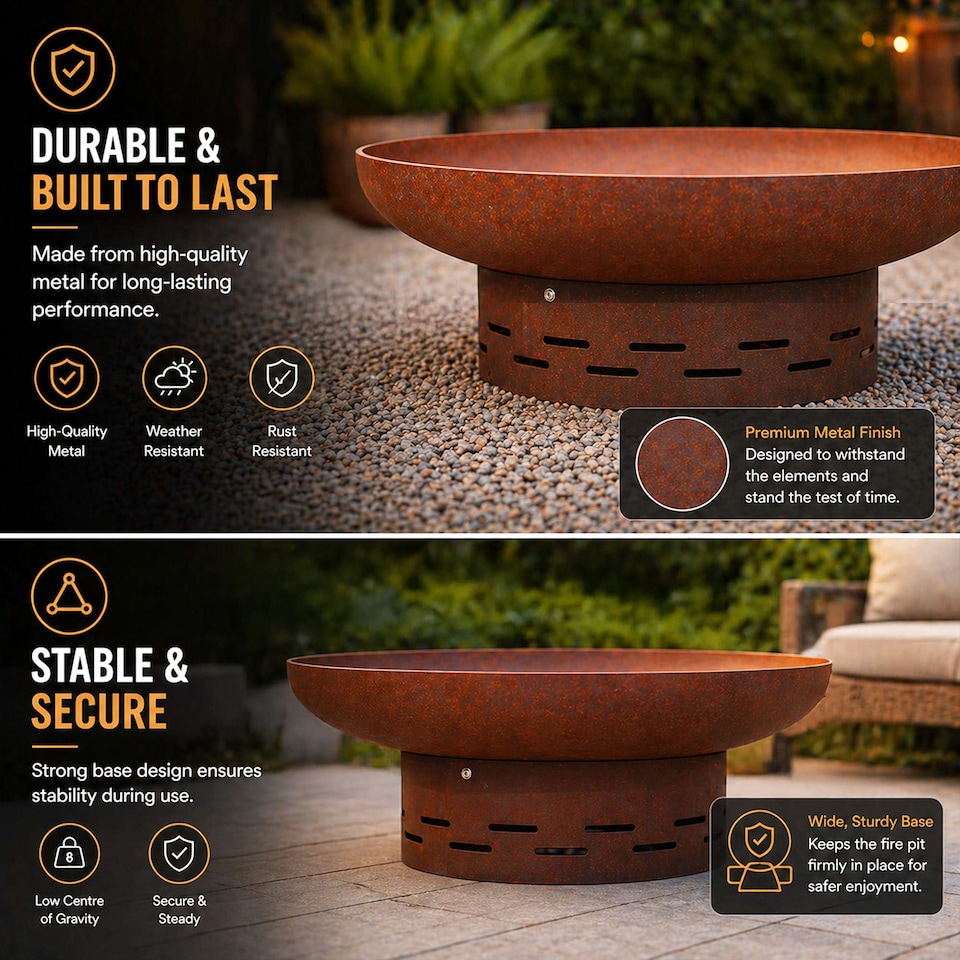 image 1 of Nicoman Large Corten Steel Rust Fire Pit 70cm Outdoor Round Firepit for Garden
