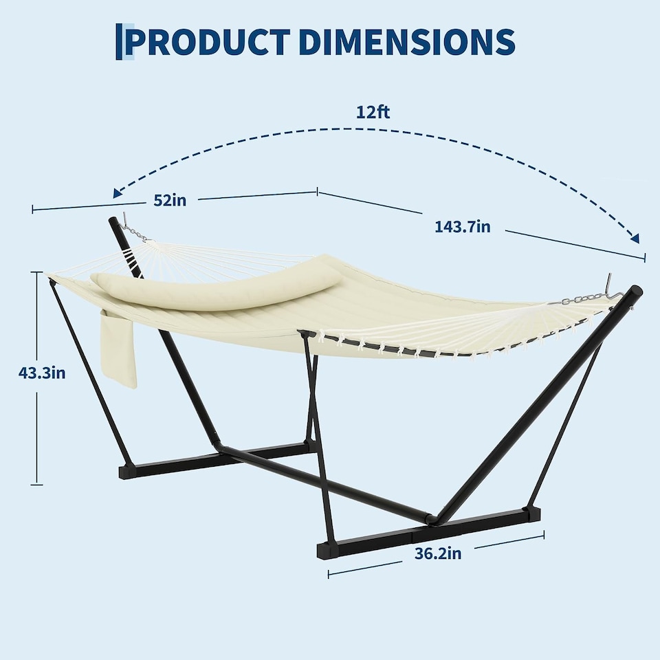 image 1 of London Boutique 12FT Double Hammock with Stand, Garden Hammock with Pillow and Balance Ropes, Beige