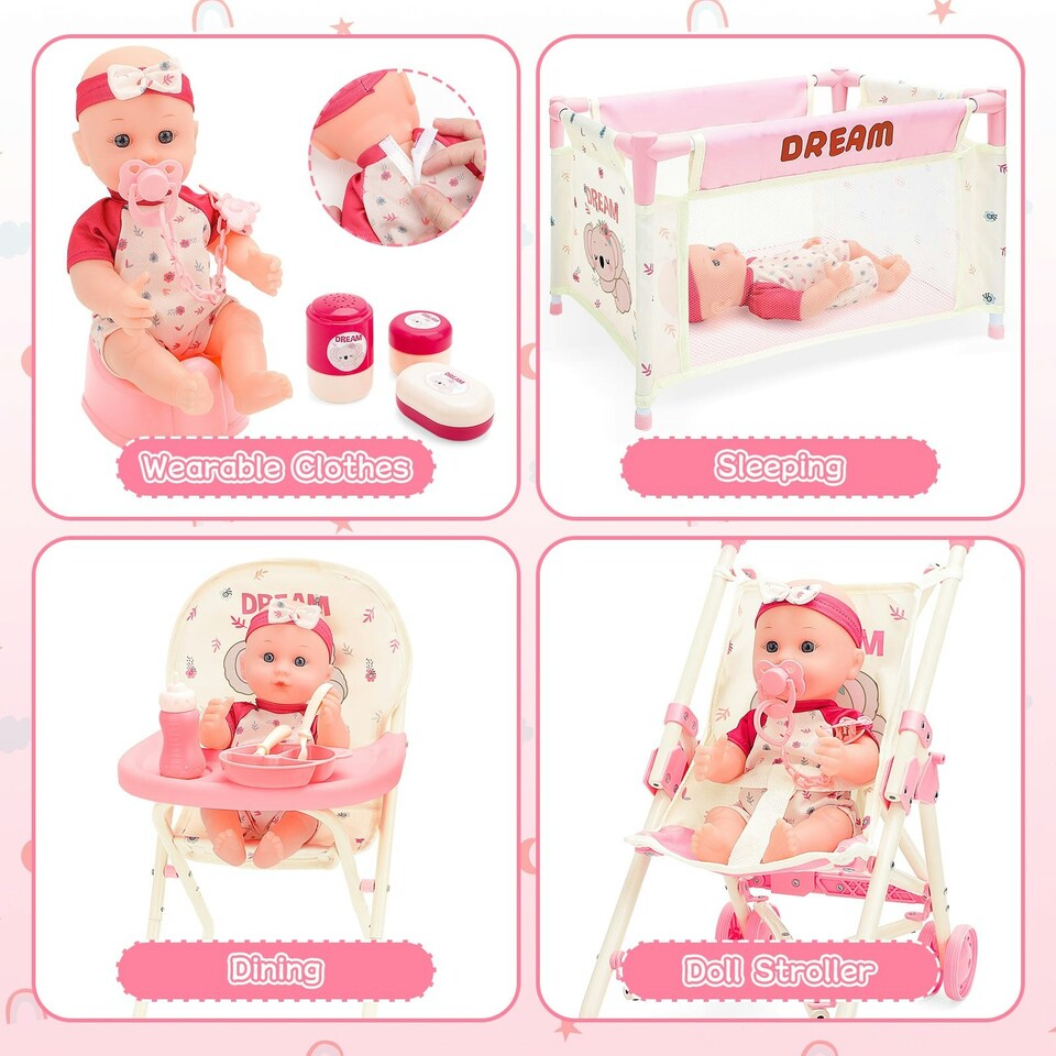 image 1 of Complete Baby Doll Accessories Nursery Set Pretend Role Play Cot Set for Kids Doll Crib Hogh Chair Prentend Play