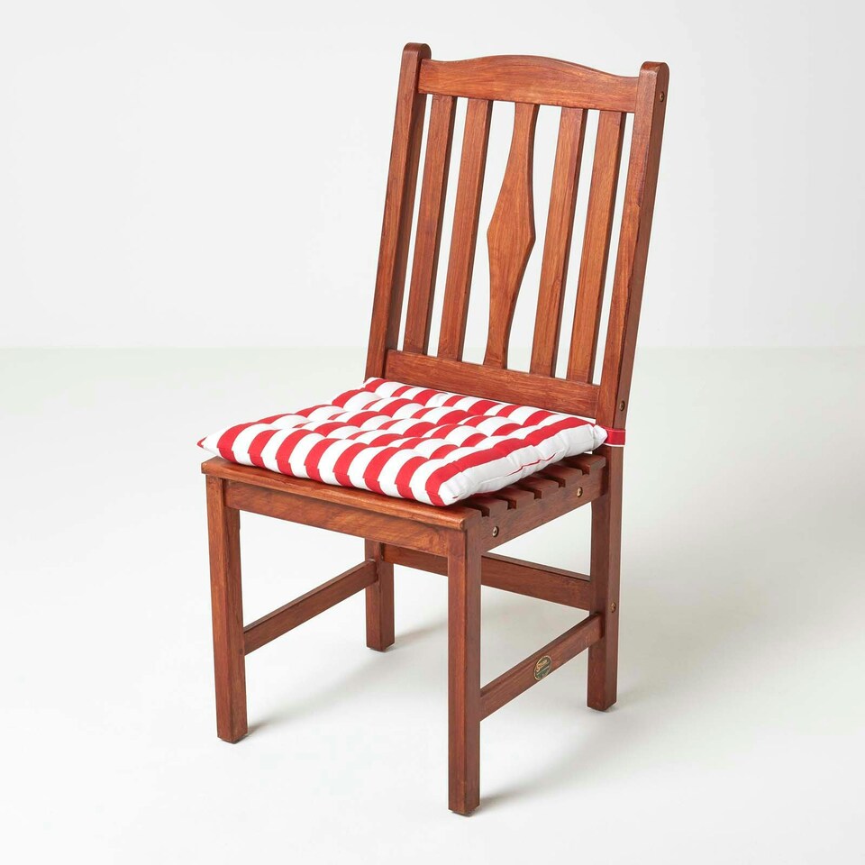 image 1 of Homescapes Red Stripe Seat Pad with Button Straps 100% Cotton - 40 x 40 cm - Set of 4 Red