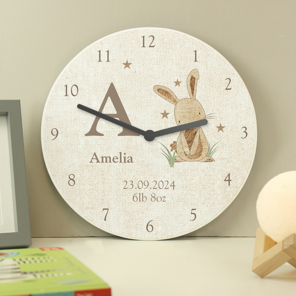 image 1 of Personalised Hessian Rabbit Shabby Chic Large Wooden Clock