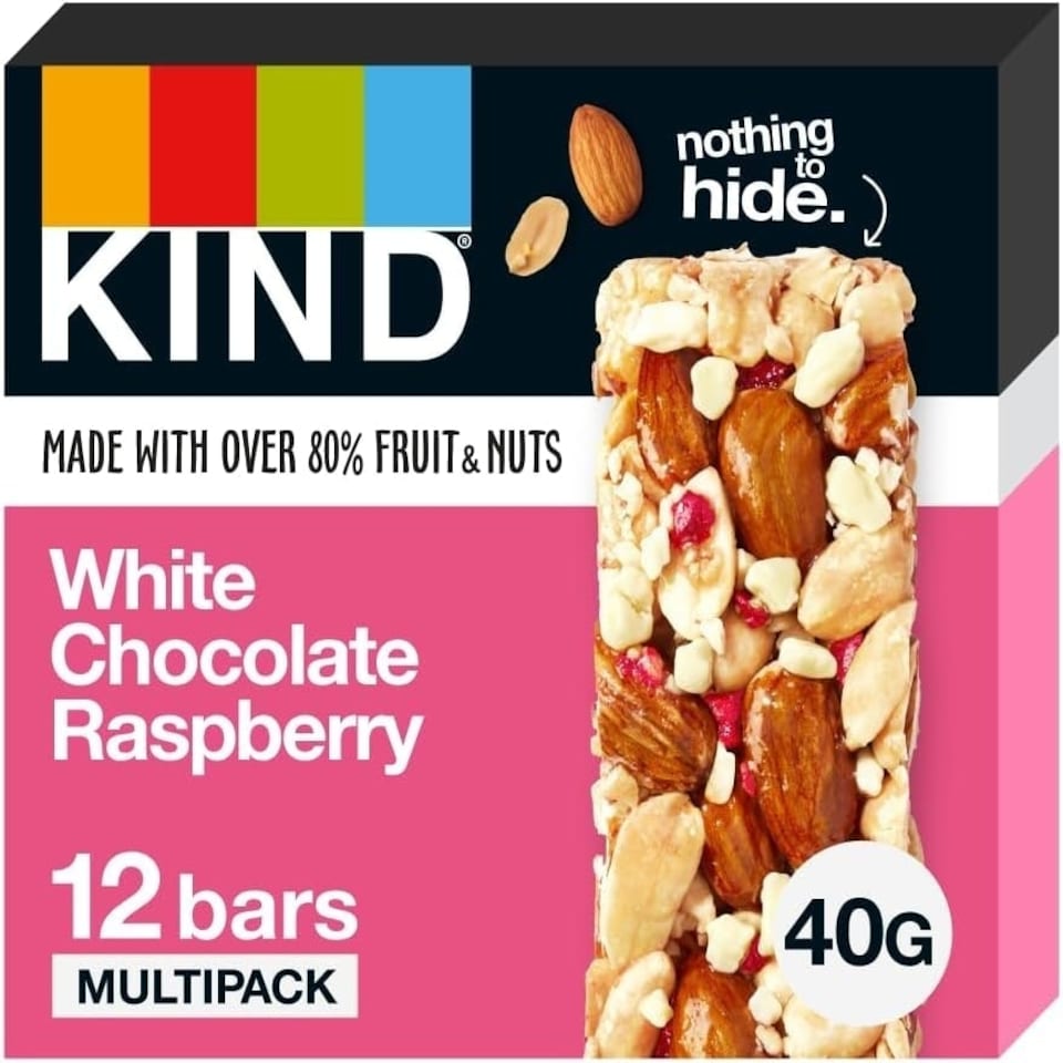 image 1 of Kind Bars, White Chocolate Raspberry, Healthy Snack, Gluten Free Snack Bars, No Artificial Colours, Flavours or Preservatives, Multipack 12 x 40g
