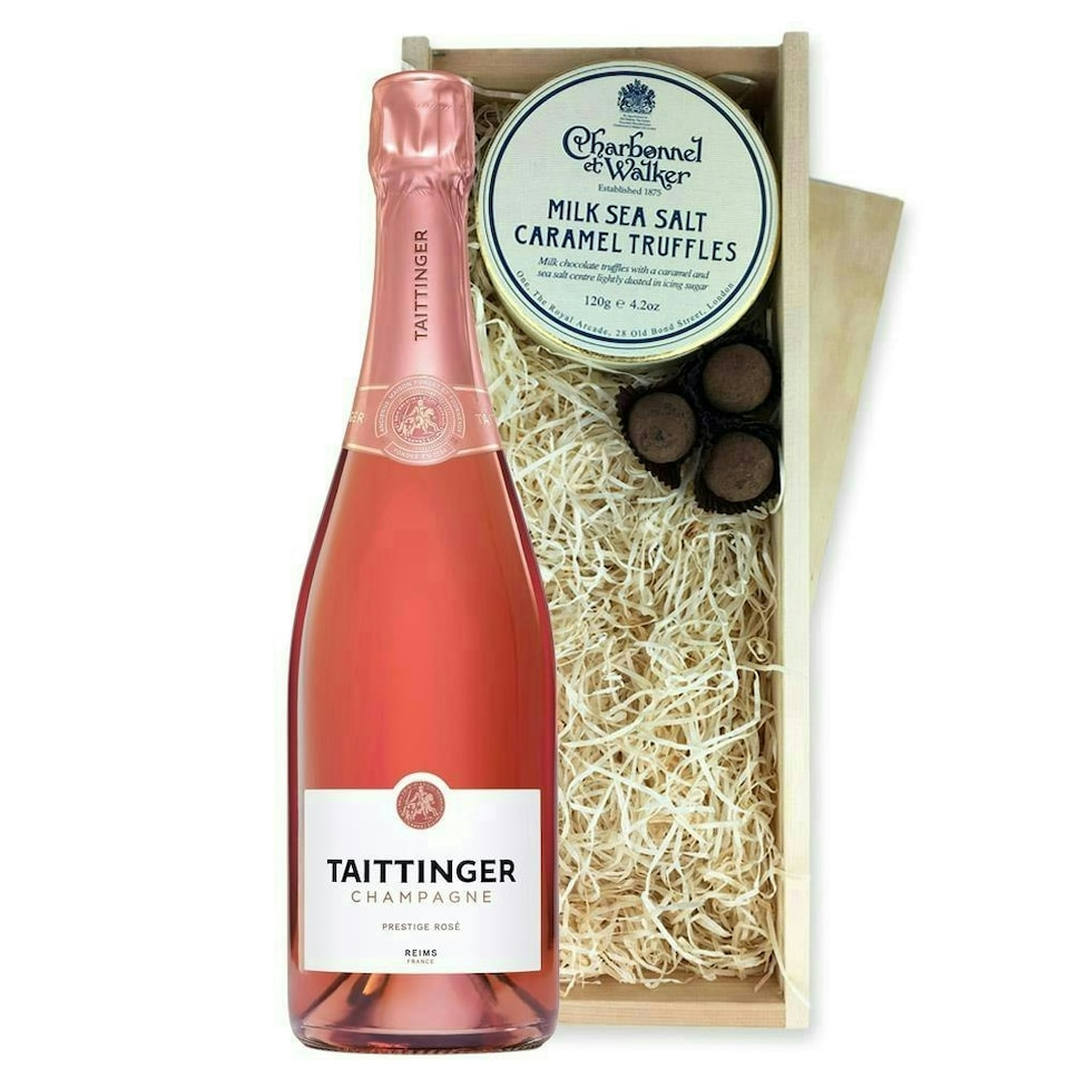 image 1 of Taittinger Rose Champagne And Milk Sea Salt Charbonnel Chocolates Box 75cl 12.5% abv