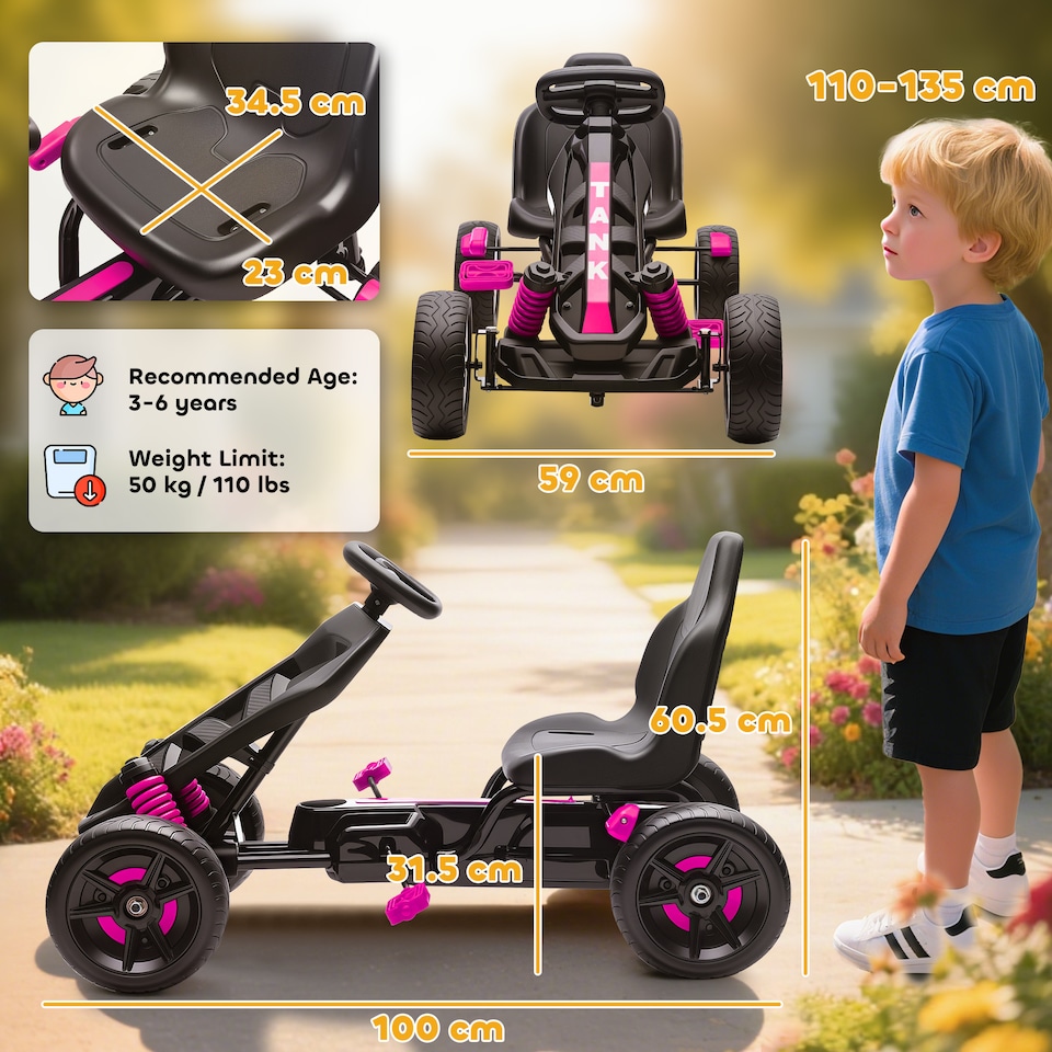 image 1 of AIYAPLAY Pedal Go Kart, Ride on Racer with Freewheel System, Brake, Non-Slip EVA Wheels, Metal Frame, Go Kart for Kids Ages 3-6 Years | Pink