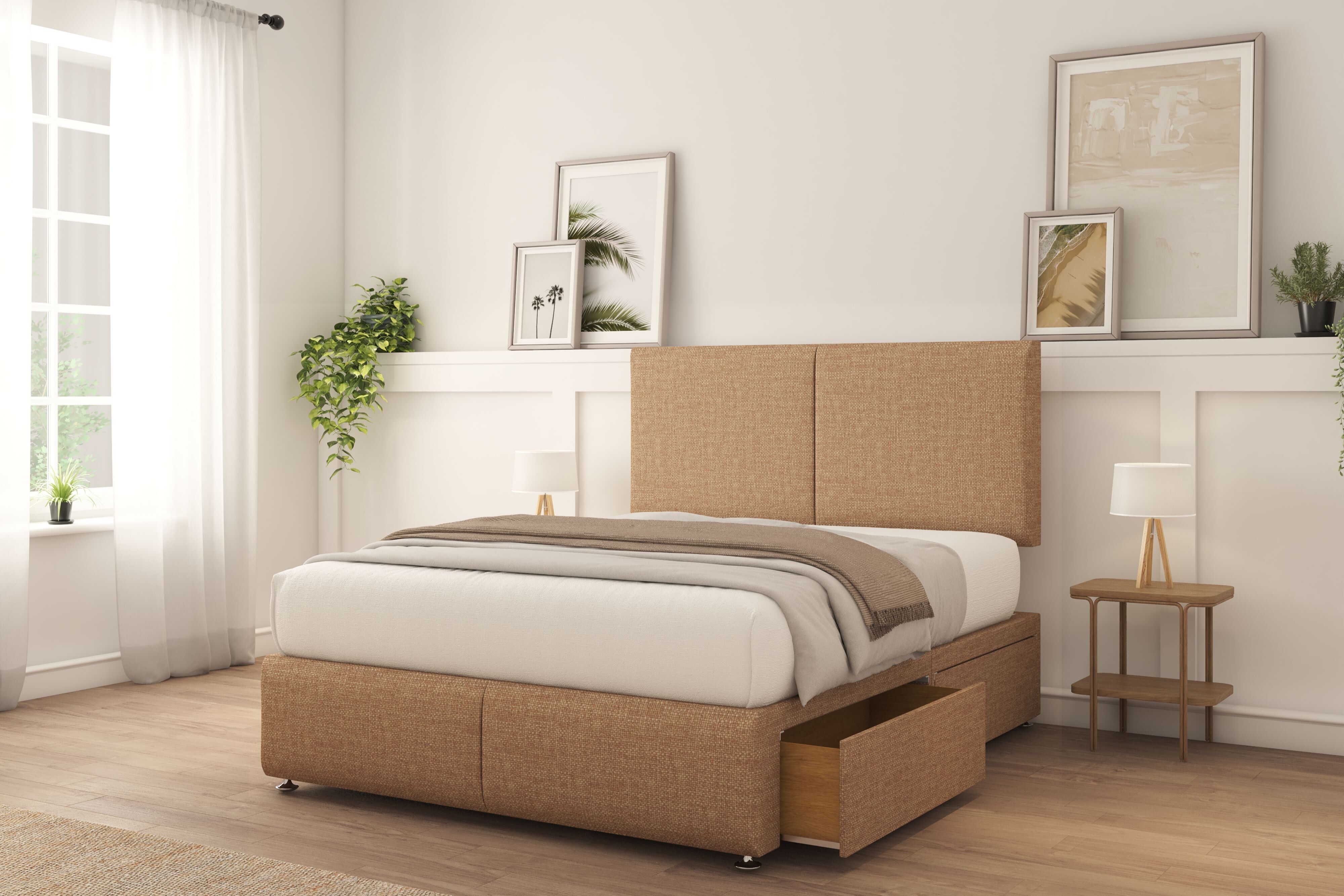 Sloomy Vienna Latte Tweed Divan Bed With Mattress 2 Drawers Right 26" Strutted Headboard & 12" Footboard 4'6 Double