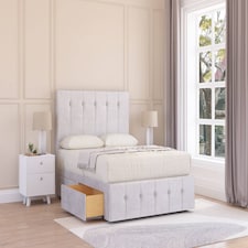 Sloomy Cambridge Silver Plush Divan Bed With Mattress 2 Drawers Left Side With 54" Floor Standing Headboard & 12" Matching Footboard 4' Small Double | Silver | Silver | Small Double | 1