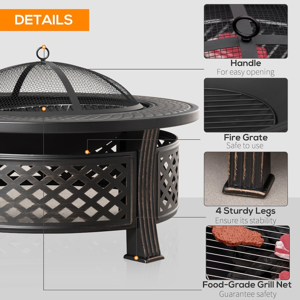 image 1 of Outsunny Outdoor Fire Pit,Round Firepit with Grill Net,Mesh Lid,Bronze Tone | Bronze | Bronze Tone | 81 x 81 x 50 cm