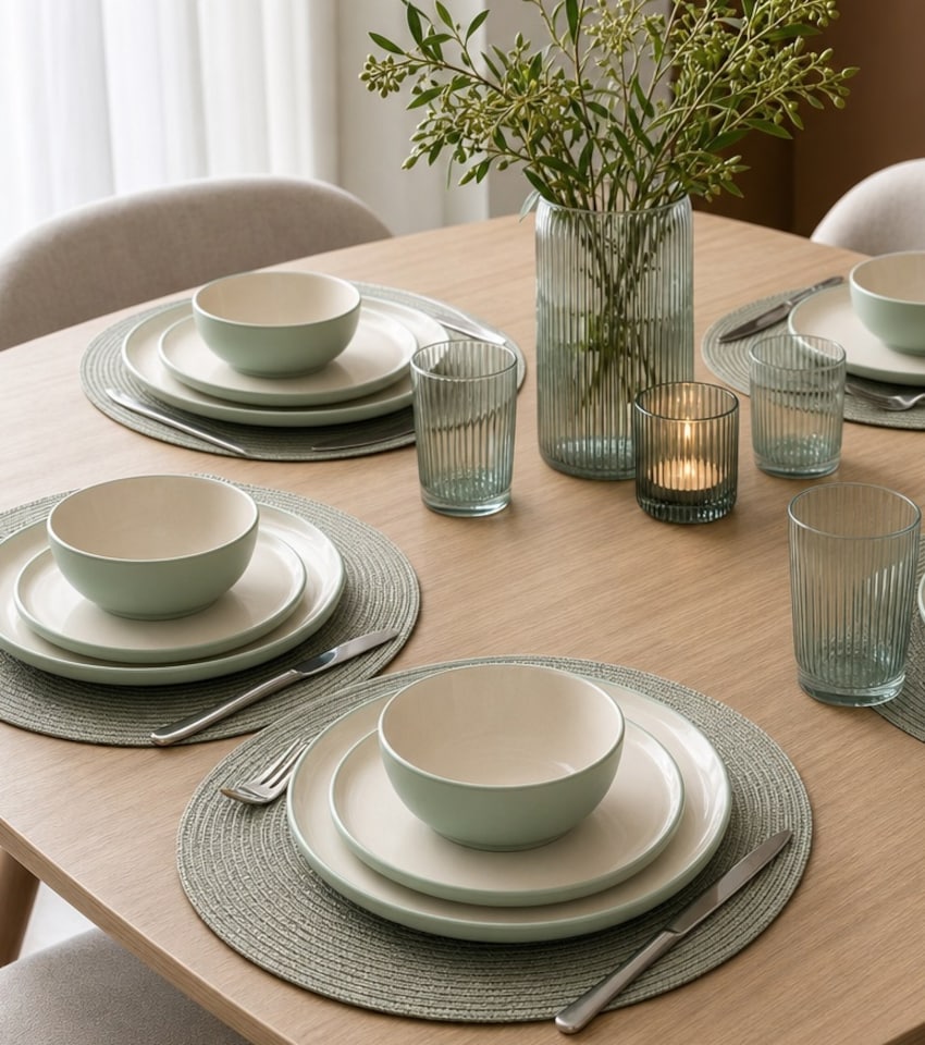 image 1 of Waterside 12pc 2tone Green/Cream Stoneware Dinner Set