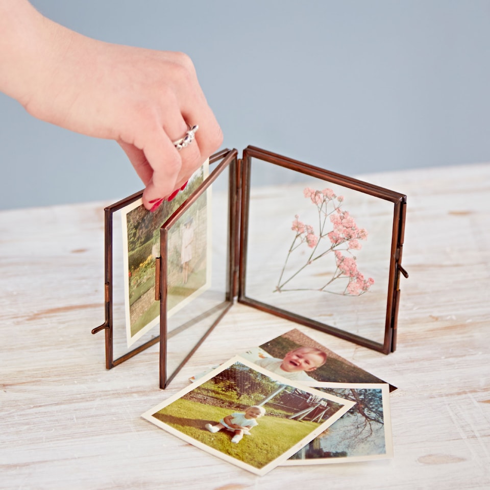 image 1 of Antique Brass Recycled Glass Folded Double Photo Frame