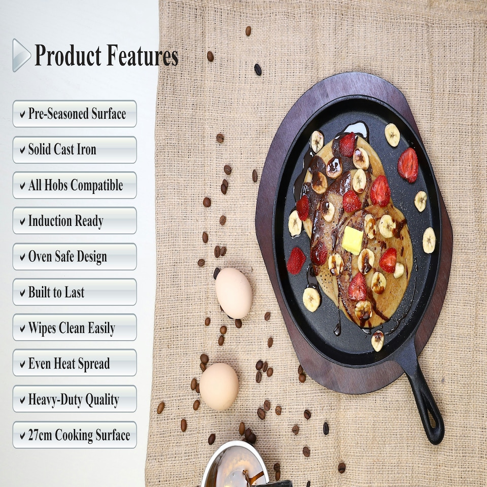 image 1 of Buckingham Pre-Seasoned Cast Iron Griddle Crepe Pan 27 cm with Wooden Base