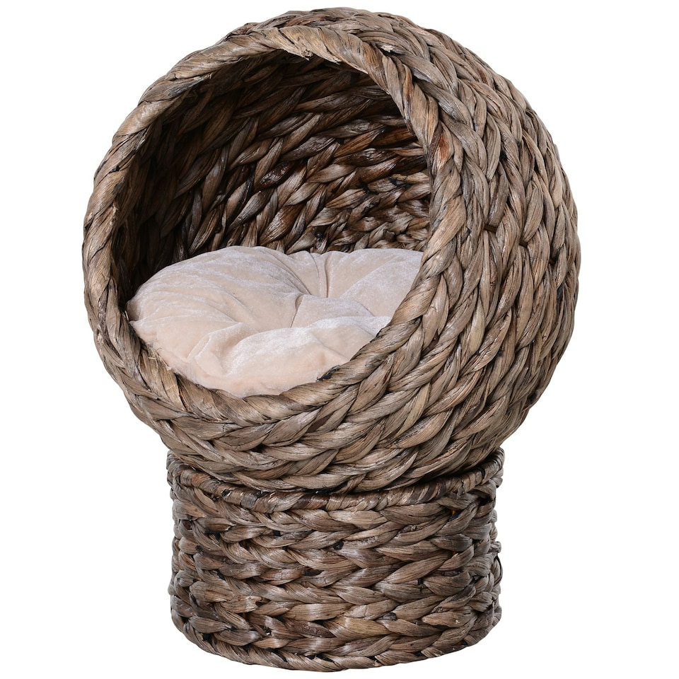 image 1 of PawHut Wicker Cat House, Raised Cat Bed with Cushion, 42 x 33 x 52cm, Dark Brown