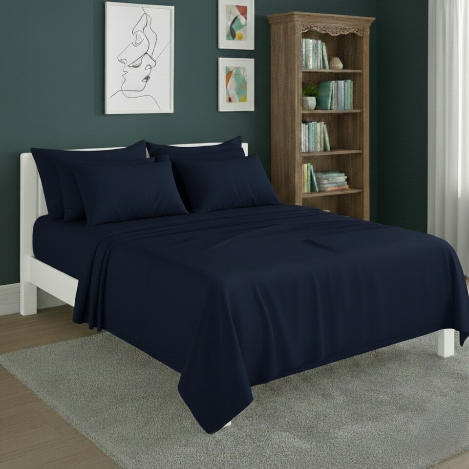 image 1 of Plain Poly Cotton Easy Care Fitted Flat Sheet Matching Pillowcases Set | Blue | Super King