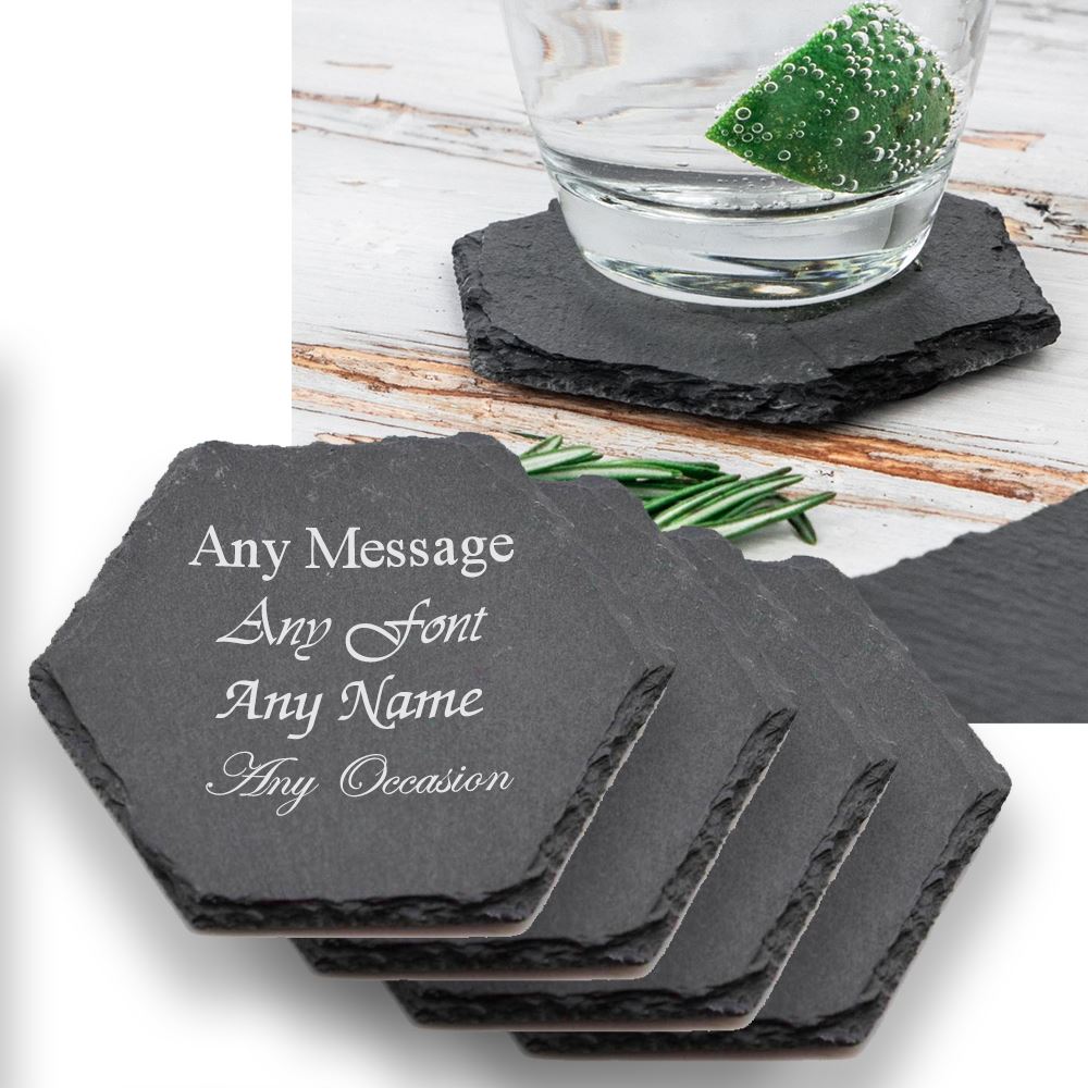 Uniqueful Personalised Set of 4 Hexagon Slate Drinks Coasters Birthday Friend in Black