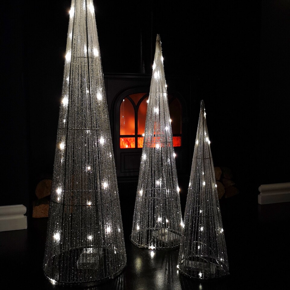 image 1 of LED Tree Cone Obelisk Trio with 90 LEDs in Silver