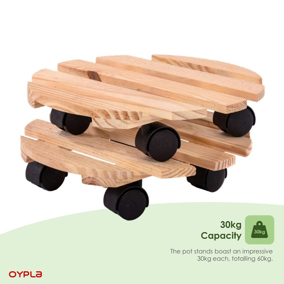 image 1 of Oypla Set of 2 30cm Wooden Plant Flower Pot Mobile Mover Trolley Stands