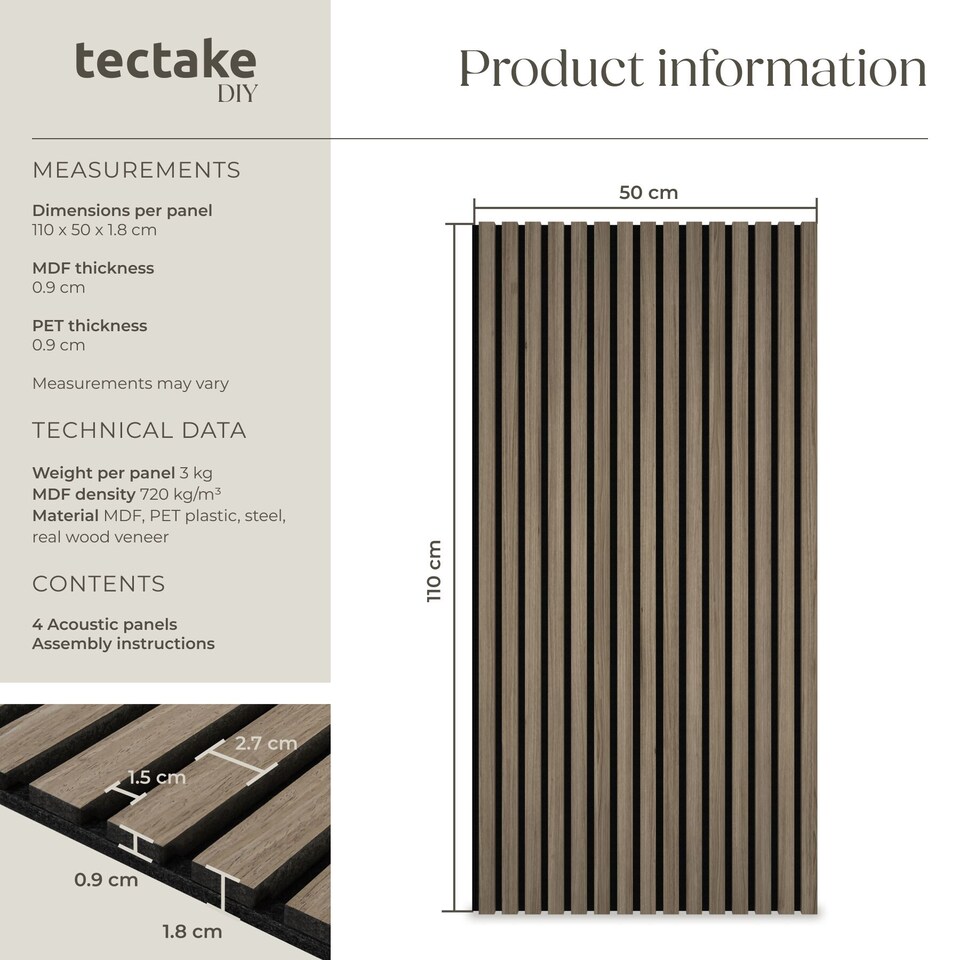 image 1 of Acoustic Wall Panels Sonic Wall II with Real Wood Veneer and Sound-Absorbing Felt | Brown | Dark oak | 110 x 50 x 1.8 cm | 4