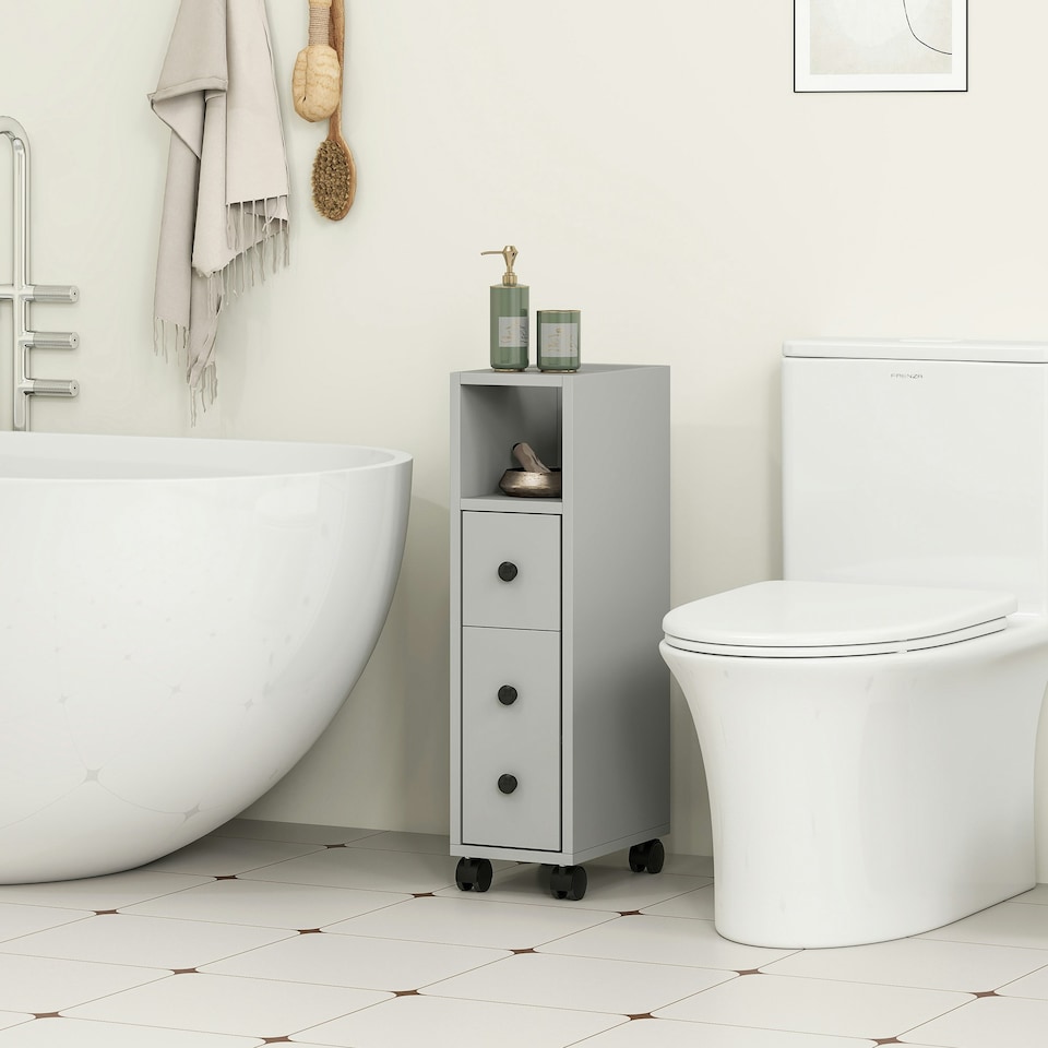 image 1 of kleankin Slim Bathroom Storage with 2 Drawers, 2 Open and Wheels, Grey | Grey | Black handles | Slimline