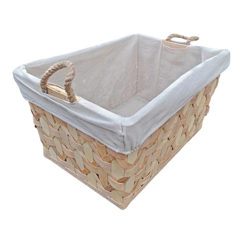 image 1 of Rope Handle Wooden Weave Lined Storage Basket