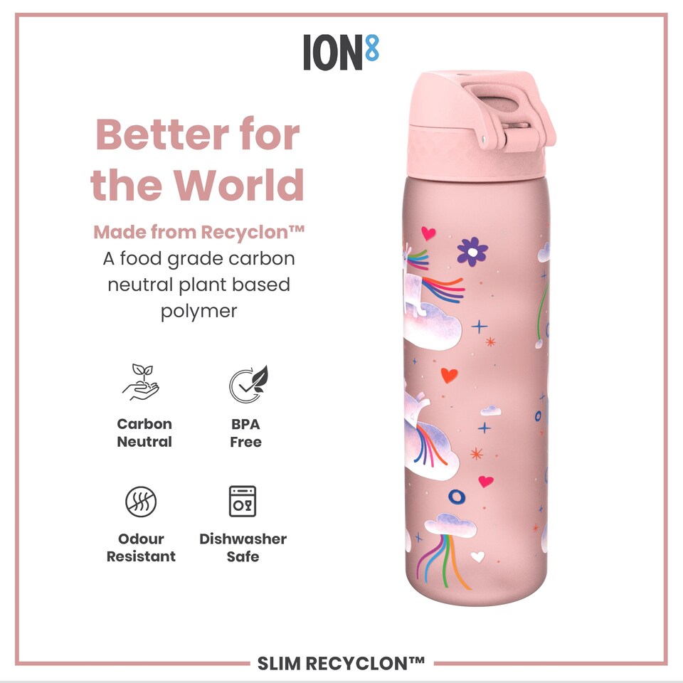 image 1 of Leak Proof Slim Water Bottle, BPA Free, 500ml (18oz) | Pink | Unicorn Rainbows | One Size