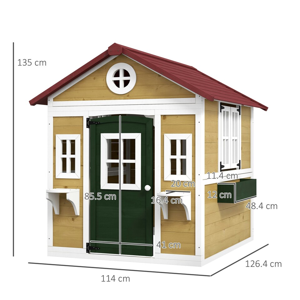 image 1 of Outsunny Wooden Playhouse with Doors, Wooden, Plant Pots for Kids - Beige