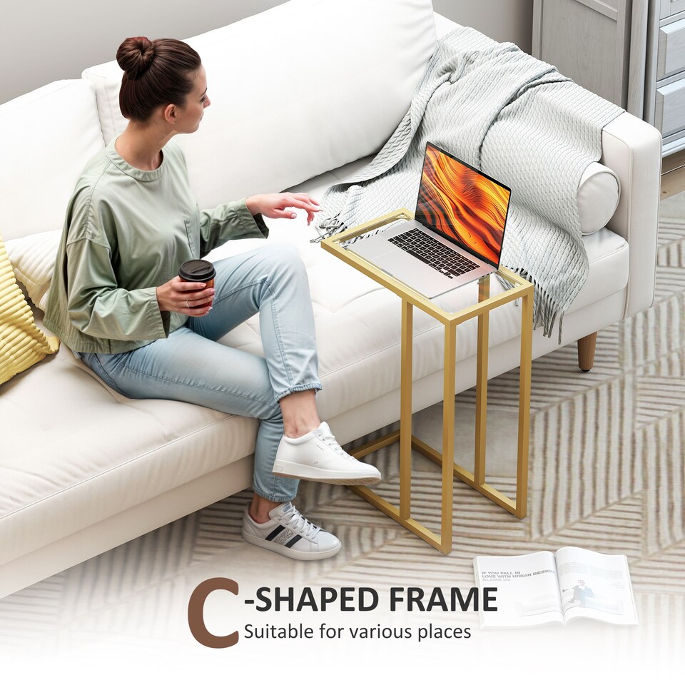 image 1 of HOMCOM C-Shaped Side Table, Modern Slim End Table with Tempered Glass Tabletop, Steel Frame for Small Space, Living Room, Bedroom, Gold Tone | Gold