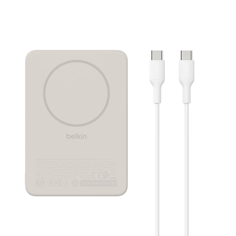 Belkin BoostCharge Magnetic Power Bank 5000mAh, Slim Portable Charger with Magnetic Ring and USB C Port, Battery Pack for iPhone, Galaxy, Pixelsnap, iPad, Tablet - USB C Cable Included - Sand