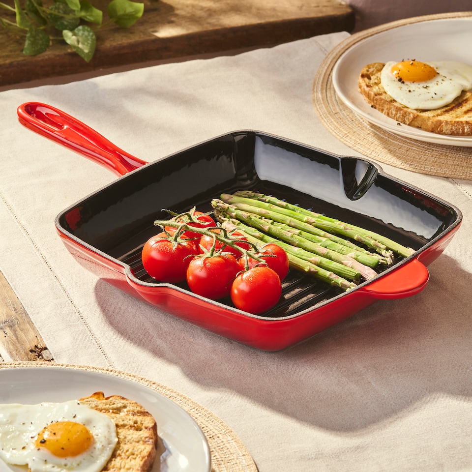 image 1 of Cooks Professional 2 Piece Cast Iron Frying Pan & Skillet Set with Enamel Interior - Oven Safe & All Hob Compatible | Red | Red