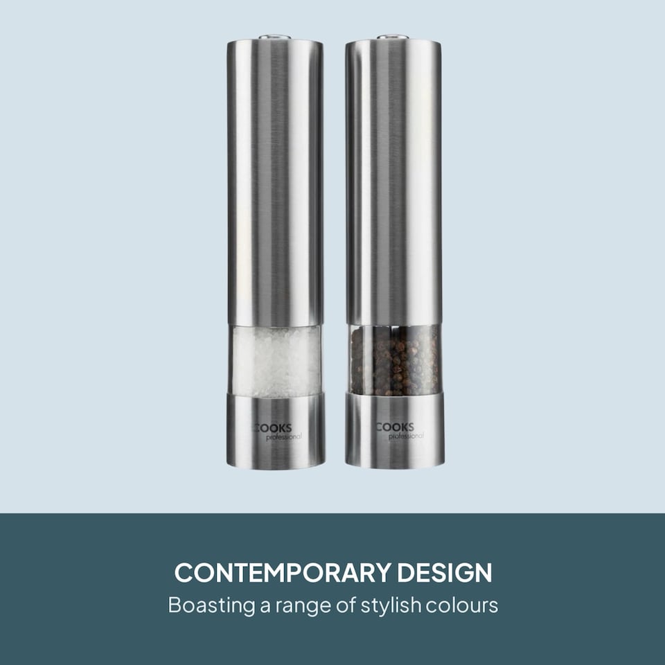 image 1 of Cooks Professional Electric Salt & Pepper Mill - Stainless Steel Automatic Grinder | Silver | Silver | 2