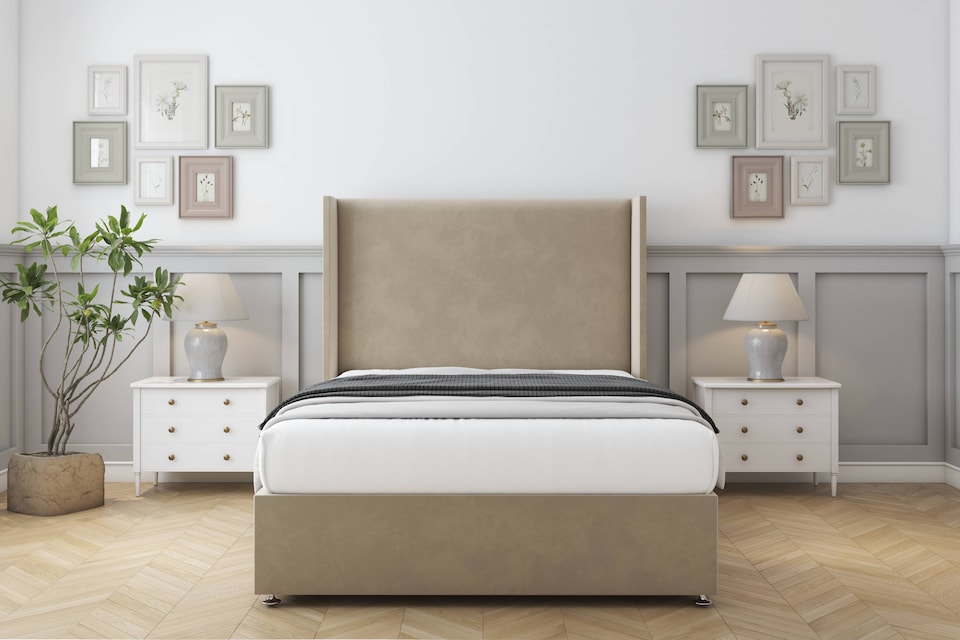 image 1 of Sloomy Devonshire Almond Coniston Divan Bed Base 2 Drawers Foot-End With 54 Inch Wingback Headboard | Cream | Almond | Super King | 1
