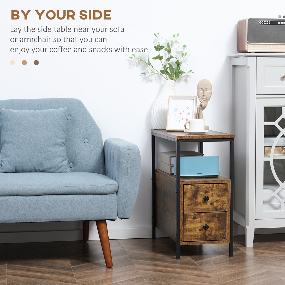 image 1 of HOMCOM Side Table, Narrow Bedside Table with 2 Drawers and Storage Shelf, Industrial End Table with Metal Frame for Small Spaces, Rustic Brown | Brown