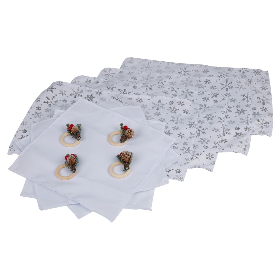 image 1 of 12 Pcs Washable Christmas Placemat & Napkin Ring Set Festive Acorn Berries Decor | Multi | White Silver