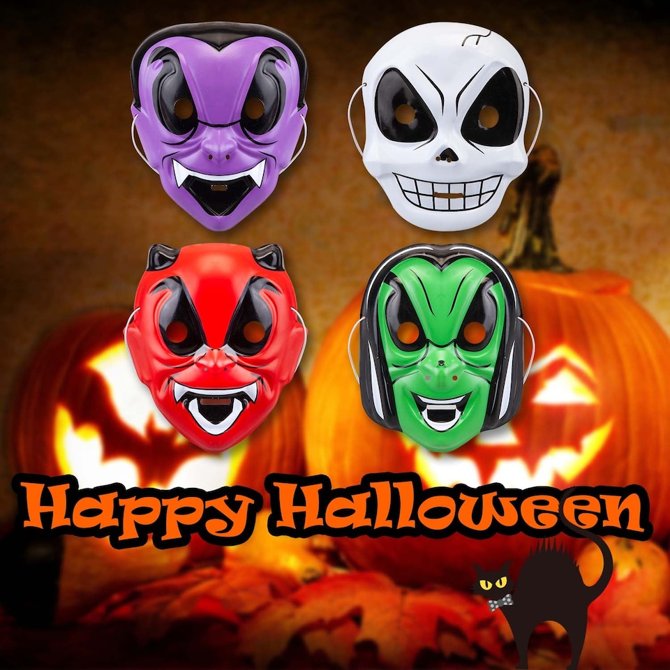 image 1 of PMS Halloween Children’s Masks 4-Pack - Witch, Devil, Skull, Vampire.