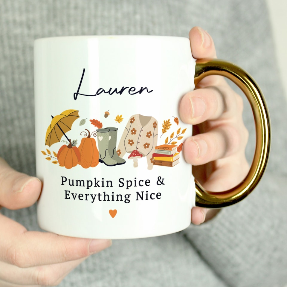 image 1 of Personalised Autumn Gold Handled Mug White