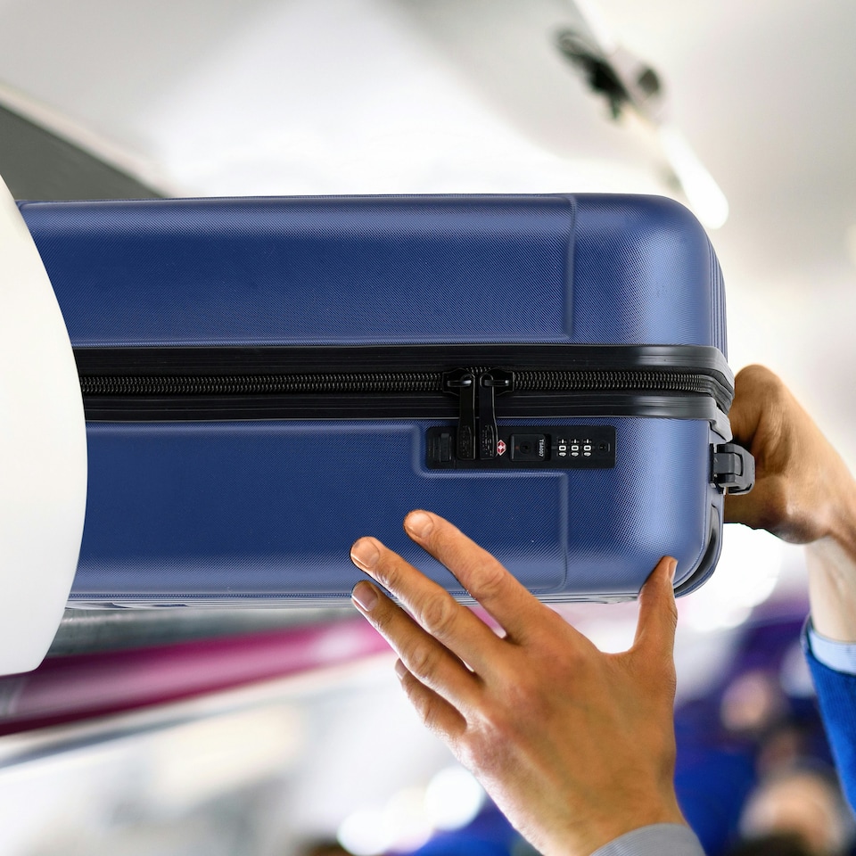 image 1 of Flight Knight Premium Hard Shell Lightweight Cabin Suitcase - 8 Spinner Wheels - Built-in TSA Lock & USB Port - easyJet Large Cabin Approved - 56x45x25cm Blue | Navy | Cabin Bag