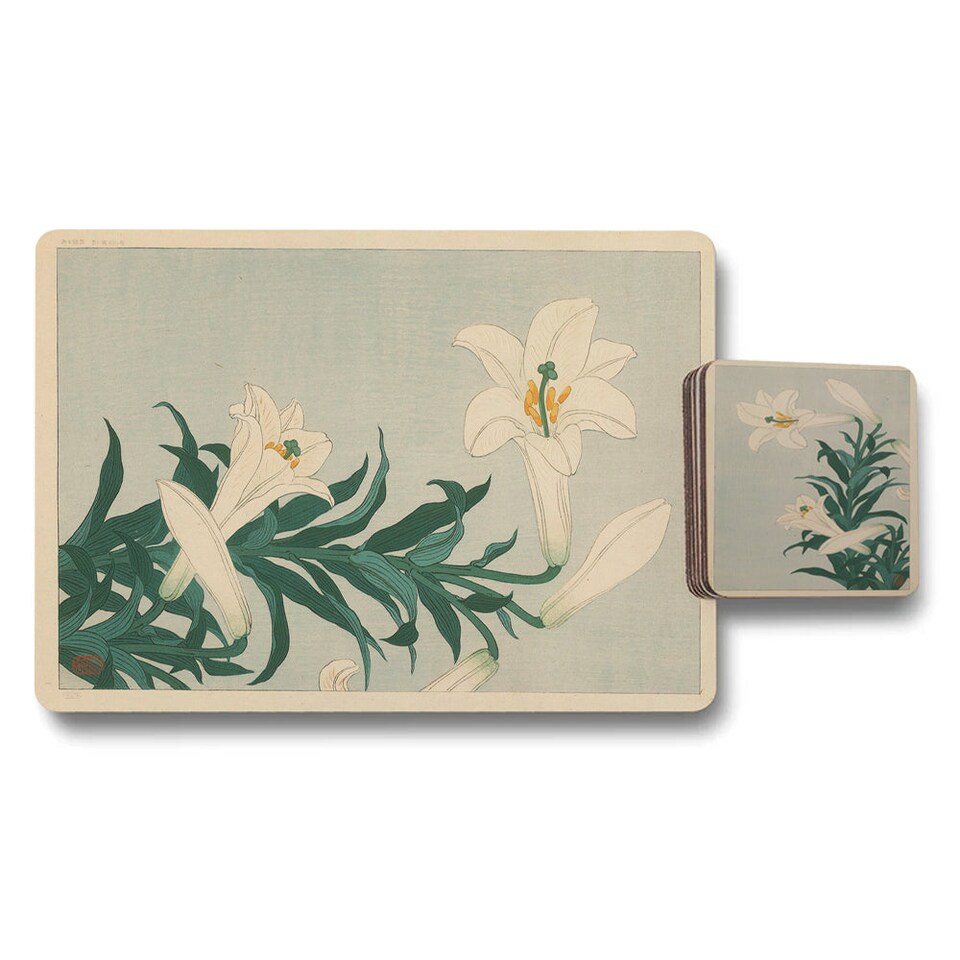 image 1 of Set Of 12 Placemats And Coasters With Designer Artwork And Wood Bottom Wipe Clean
