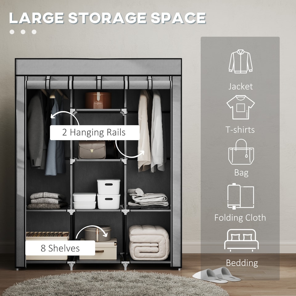 image 1 of HOMCOM Fabric Wardrobe, Portable Wardrobe, Clothes Storage Unit with 8 Shelves, 2 Hanging Rods, 125 x 43 x 162.5 cm, Light Grey | Grey | Light Grey