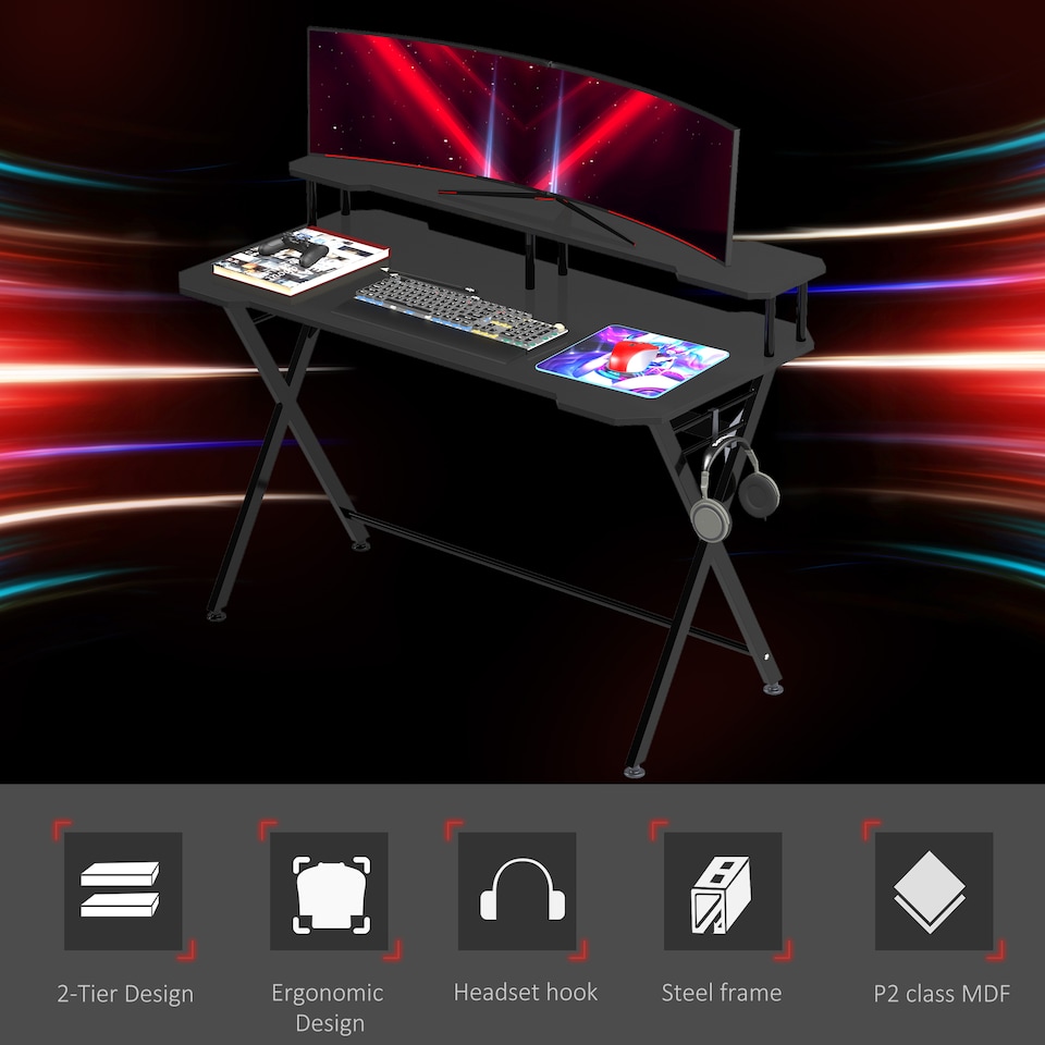 image 1 of HOMCOM Gaming Desk Writing Racing Computer Table Workstation with Headphone Hook Curved Front Adjustable Feet for Home Office Use 140 x 60cm