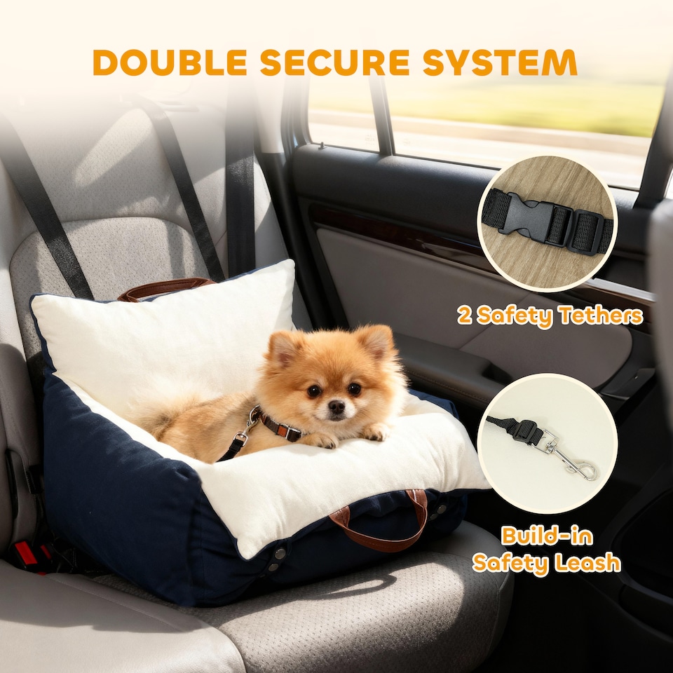 image 1 of PawHut Dog Car Seat, Cosy Pet Car Booster Seat for Small Dog Under 5 KG, Portable Travel Bed with Safety Tether, Detachable and Washable, Navy Blue