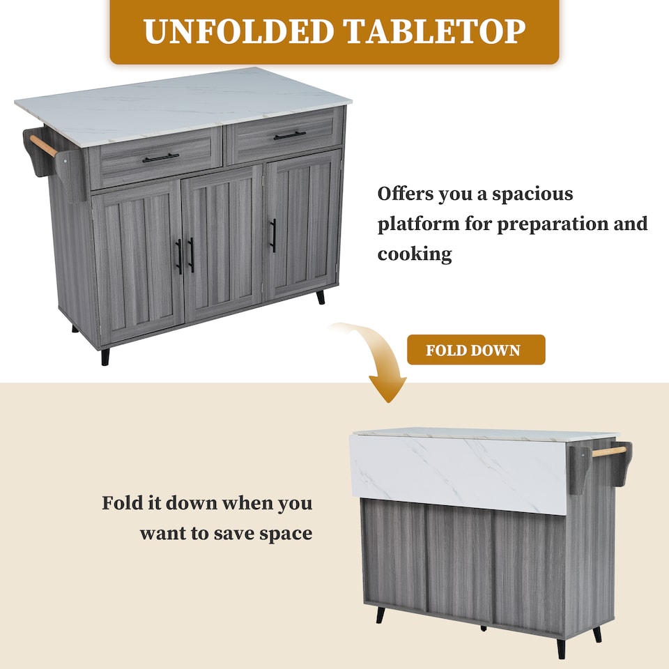 image 1 of VILUXE Mobile Kitchen Island with Foldable Worktop, 2 Drawers, Adjustable Shelves, Towel Rail, Wheels and Solid Wood Feet, Grey and White