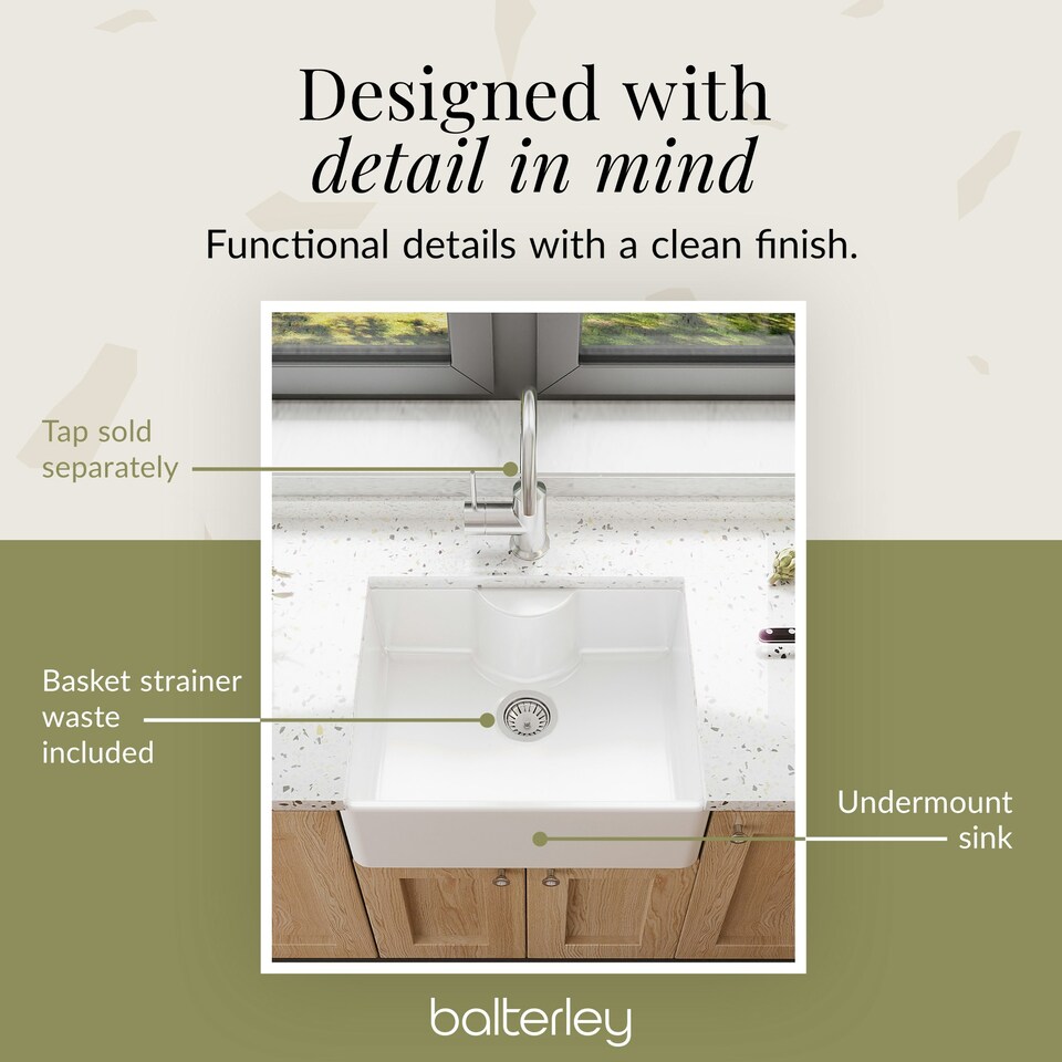 image 1 of 595mm - Single Bowl Fireclay Butler Kitchen Sink - Tap Ledge