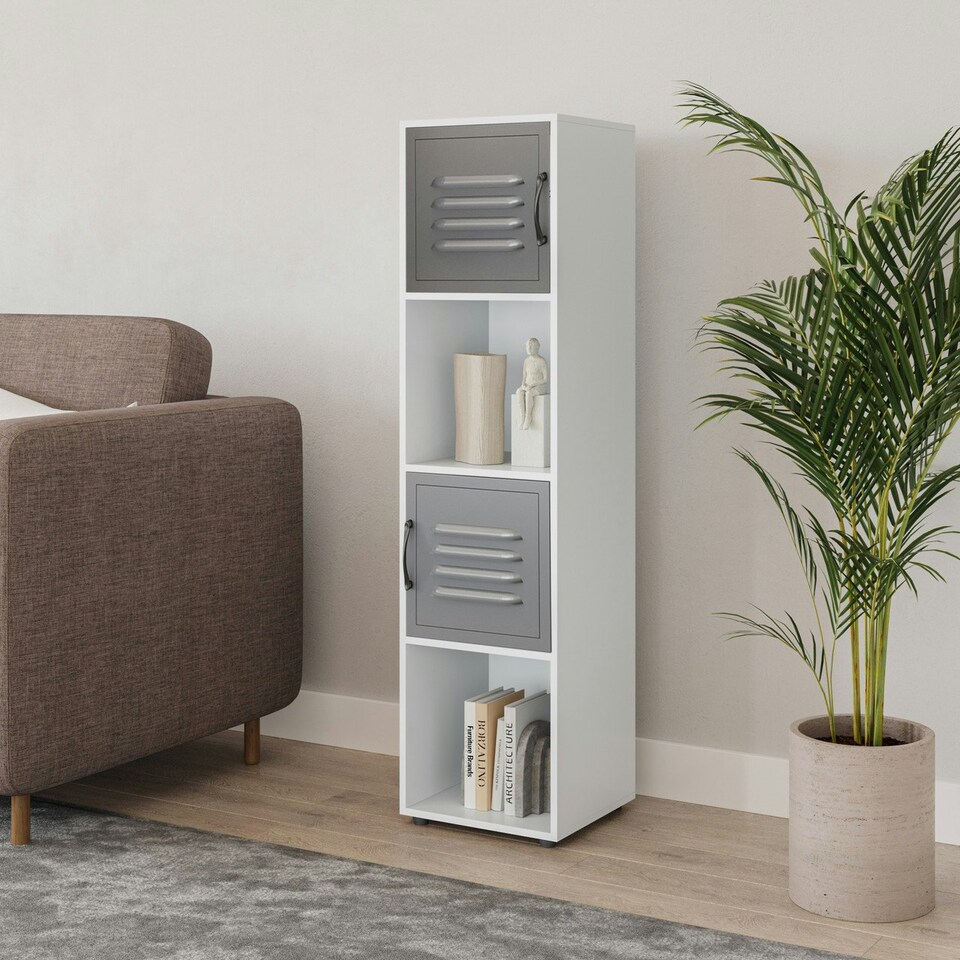 image 1 of 4 -Cube Tall Shelving Unit With Metal Doors Brown | Brown / Black