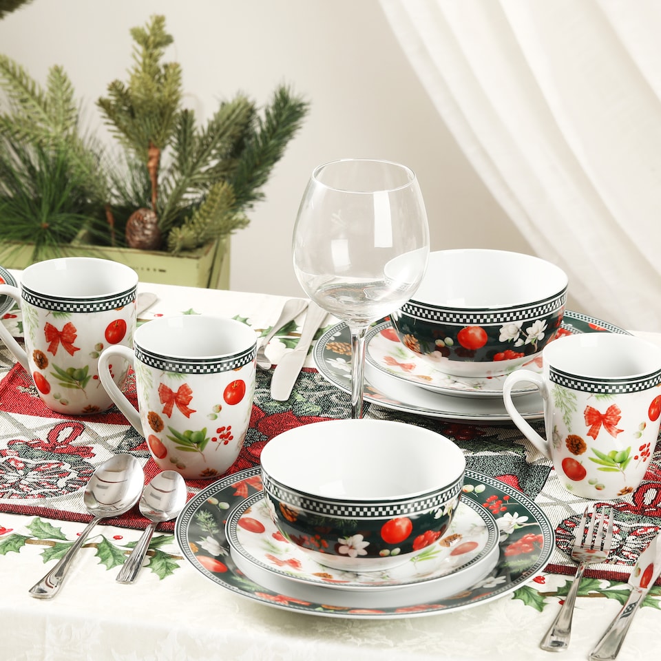 image 1 of simpa 24PC Christmas Flora Orchard Ceramic Dinner Set.
