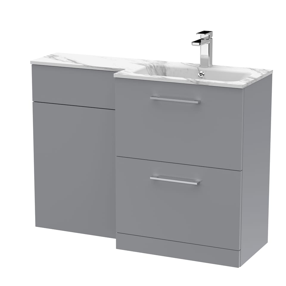 image 1 of Balterley Bramshall Contemporary Floor Standing 2 Drawer Vanity Basin WC Combination Unit, Carrera Marble Stone Basin, Right Hand, 1100mm, Satin Grey
