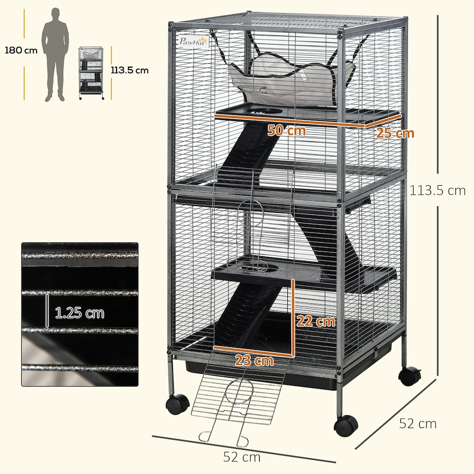 image 1 of PawHut Rolling Small Animal Cage for Chinchillas Ferrets Kittens W/ Ramp Silver
