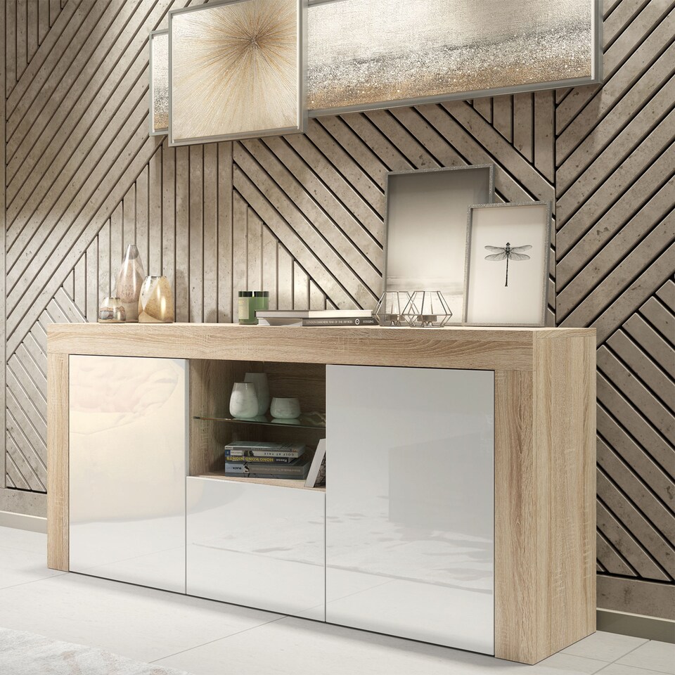 image 1 of TV Unit TV Stand Sideboard Media Cabinet Storage Cabinet Oak White High Gloss 145cm